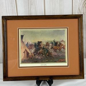 Vintage "Attack at Dawn" by Charles C. Schreyvogel Framed Artwork 8.5 x 10.5